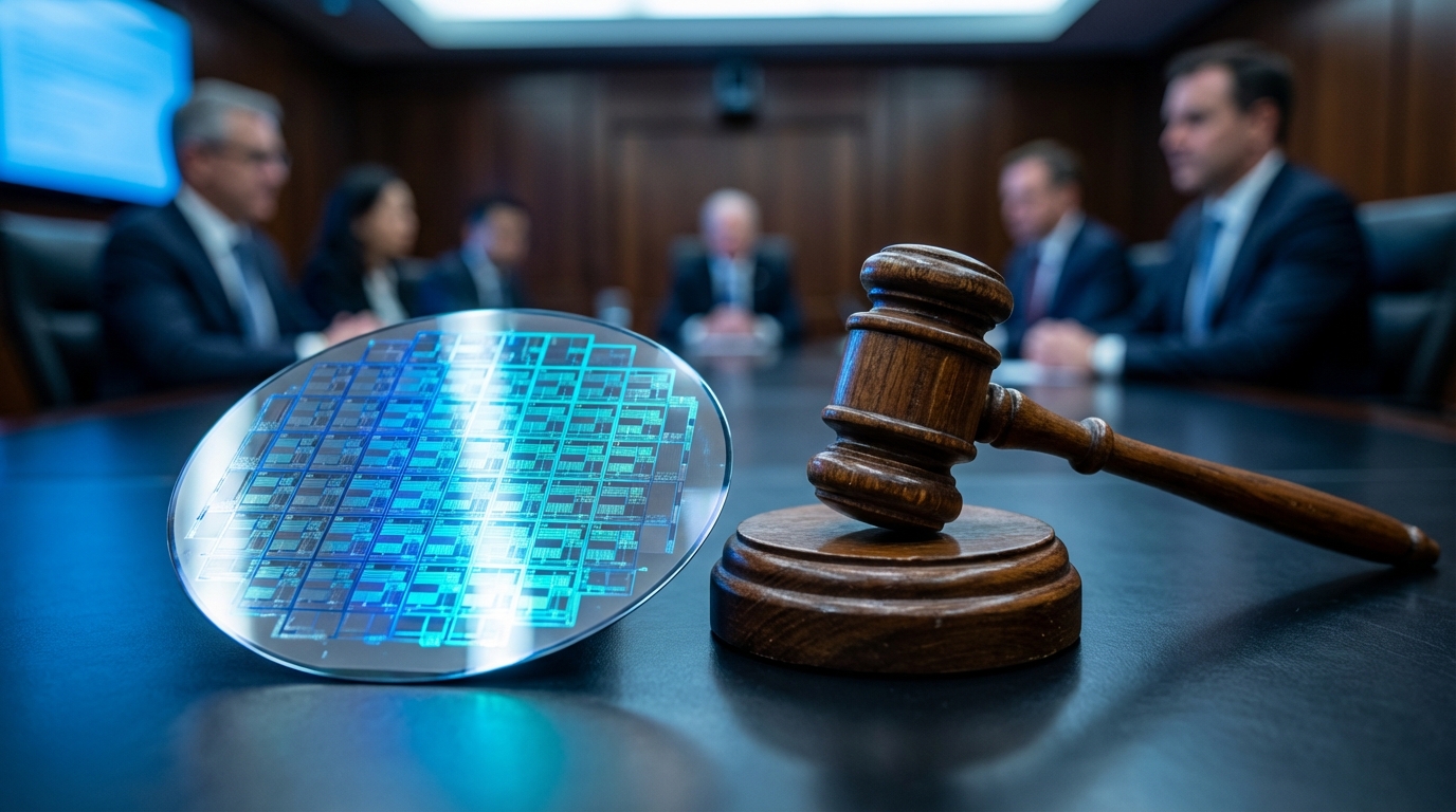 어두운 배경 속에서 푸른색 하이테크 조명을 받고 있는 반도체 웨이퍼와 그 옆에 놓인 목재 법봉