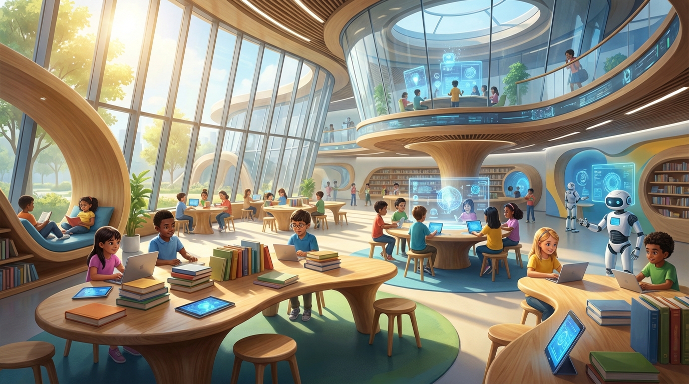 따뜻한 햇살이 비추는 창가 아래 책과 태블릿이 놓인 책상에서 학생들이 자유롭게 탐구하는 미래지향적인 학교 도서관과 교실이 융합된 모습