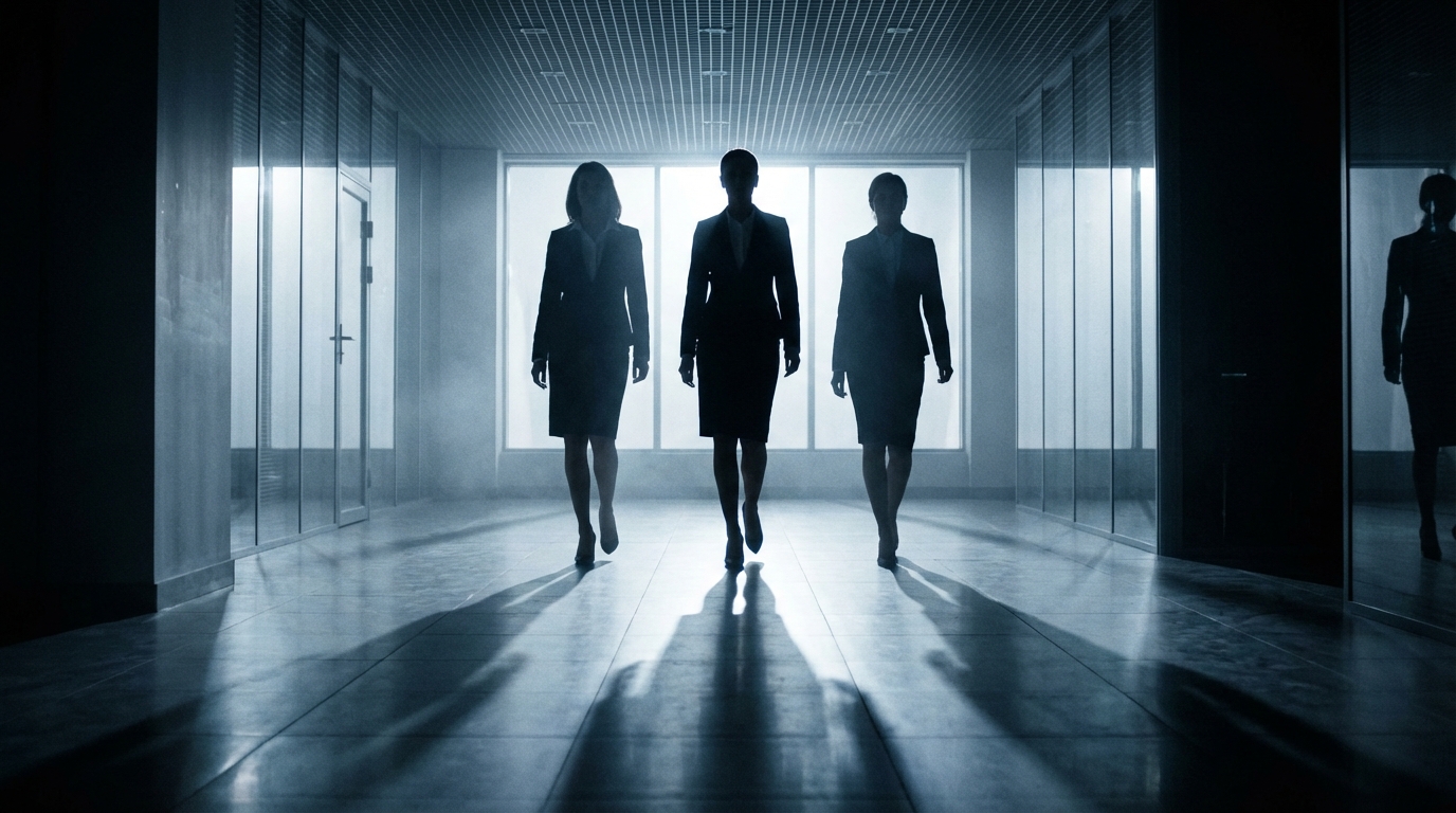 현대적인 법원 복도를 자신감 있게 걸어가는 정은채, 이나영, 이청아를 연상시키는 세 여성 변호사의 실루엣