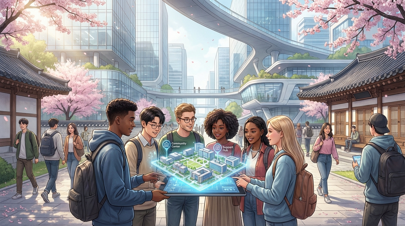 다양한 국적의 학생들이 캠퍼스 야외에서 태블릿 위로 떠오른 홀로그램 지도를 함께 보며 지역 커뮤니티 센터와 지원 시설의 위치를 확인하는 모습