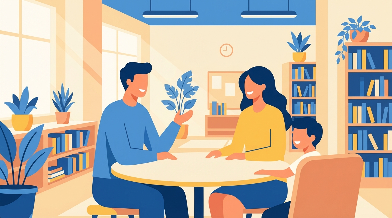 밝은 학교 커뮤니티 공간에서 둥근 테이블에 둘러앉아 웃으며 대화하는 학부모들의 모습을 표현한 플랫 디자인 일러스트