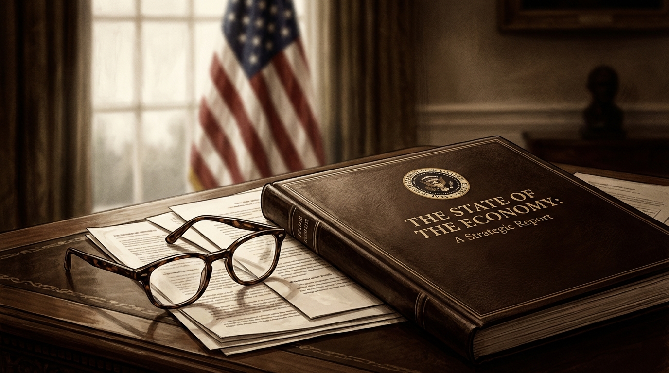 백악관 집무실 책상 위에 놓인 경제 보고서와 안경, 뒤로 희미하게 보이는 미국 국기