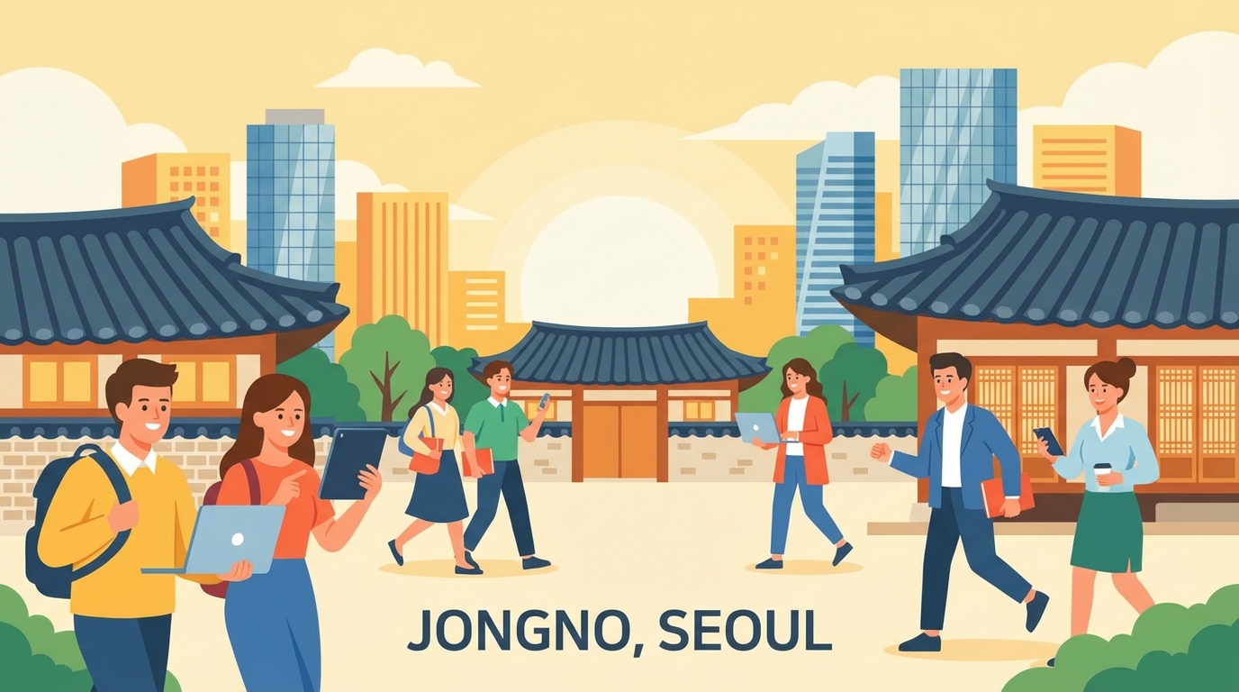 서울 종로구의 한옥과 현대식 빌딩이 어우러진 배경 앞에서 노트북을 든 청년들이 활기차게 걷는 일러스트