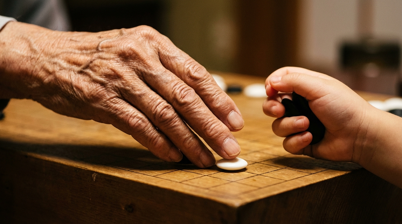 바둑판 위에서 바둑돌을 두는 조훈현 9단의 주름진 손과 유하준 초단의 작은 손이 마주하는 클로즈업 장면