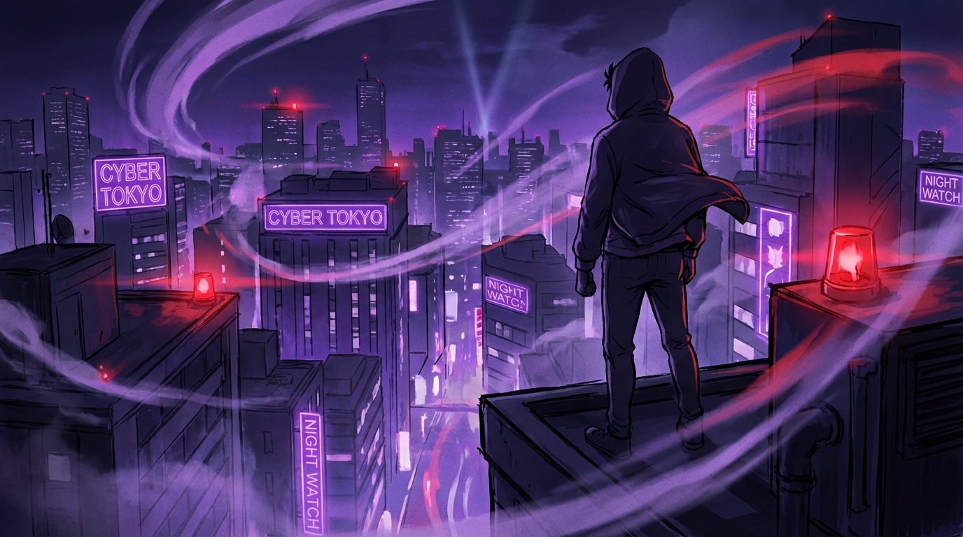 보라색 네온 사인이 빛나는 도시 야경을 배경으로 후드 티를 입고 서 있는 애니메이션 테러맨 주인공의 뒷모습 실루엣