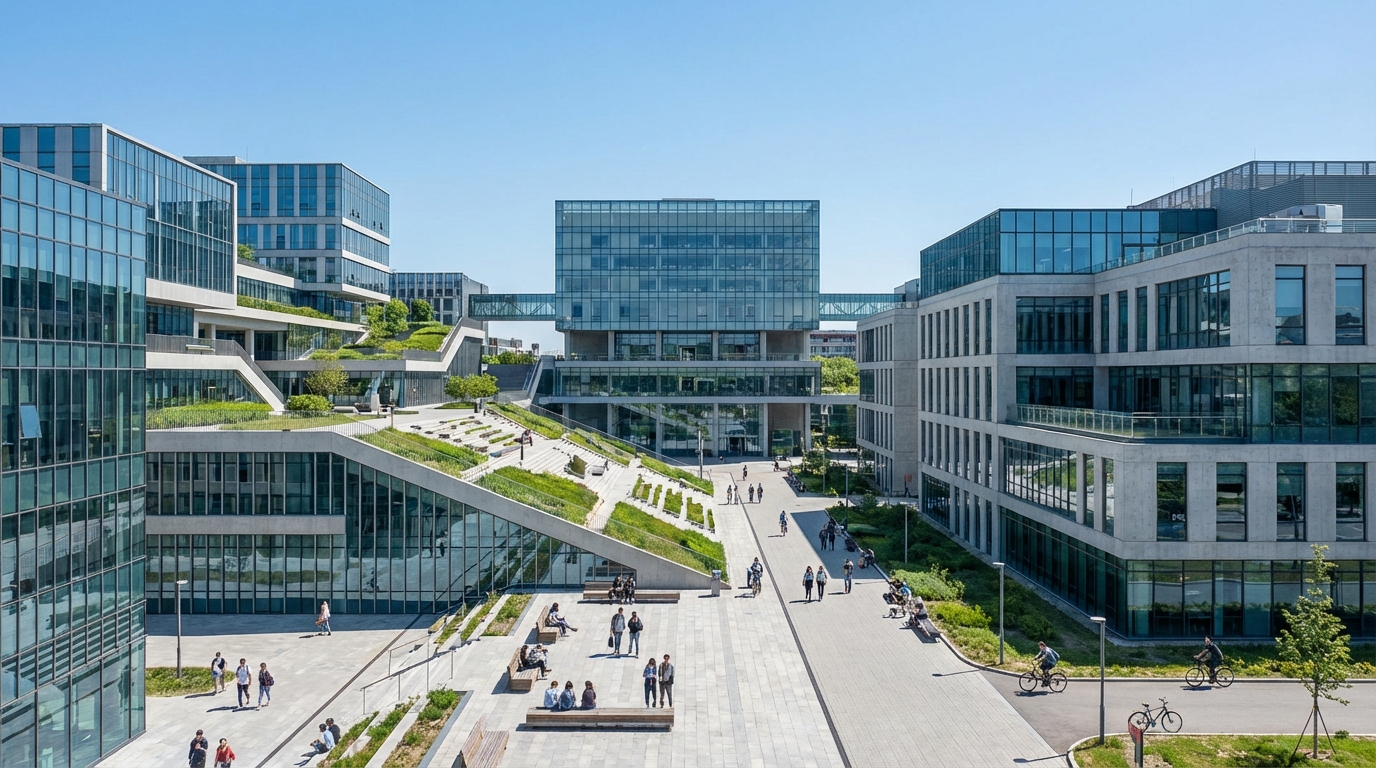 푸른 하늘 아래 현대적인 대학교 캠퍼스 건물 전경