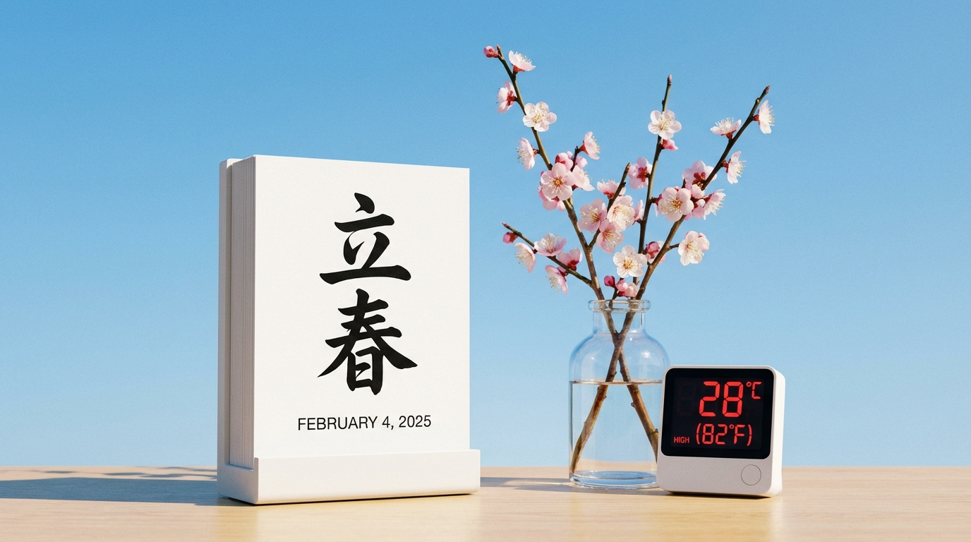 입춘(立春)이 적힌 달력과 만개한 매화꽃 옆에 높은 온도를 가리키는 온도계가 놓여 있어 기후 변화를 암시하는 모습