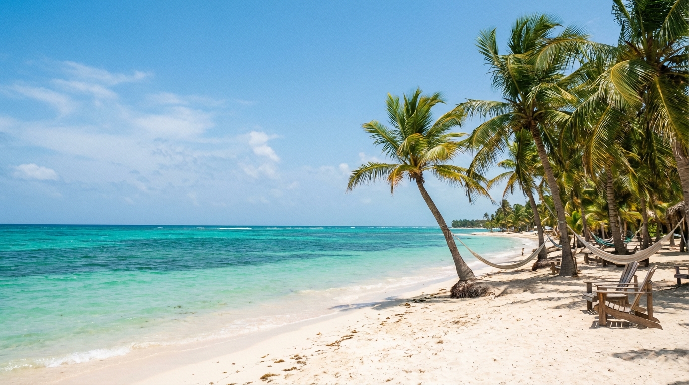 에메랄드빛 바다와 하얀 모래사장, 야자수가 어우러진 도미니카 공화국의 평화로운 카리브해 해변 풍경
