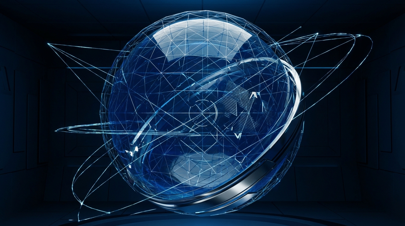 미래형 국방 지휘 통제 센터에서 디지털 홀로그램 지도를 통해 방공망과 AI 알고리즘이 전장을 분석하는 모습