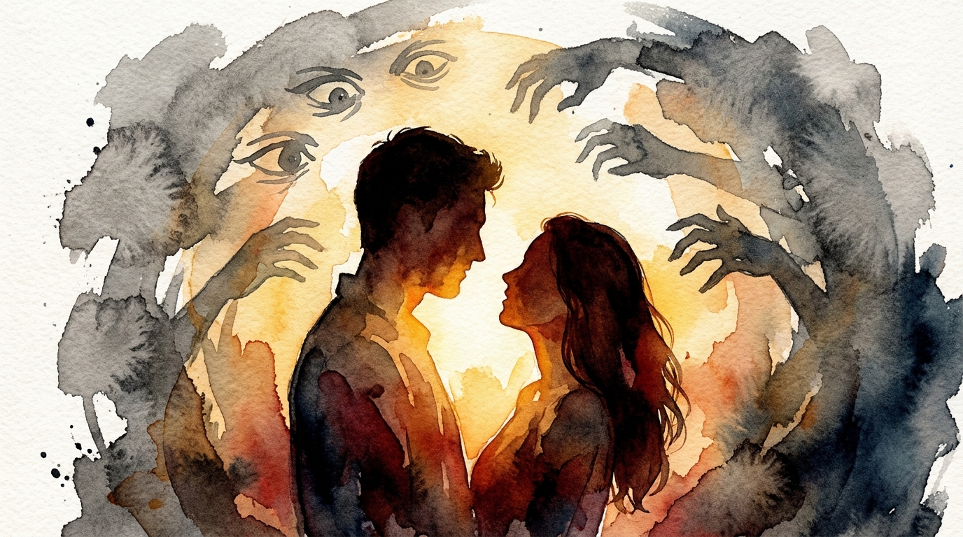 따뜻한 조명 아래 서로 마주 보고 있는 연인의 실루엣과 주변의 회색 그림자 일러스트