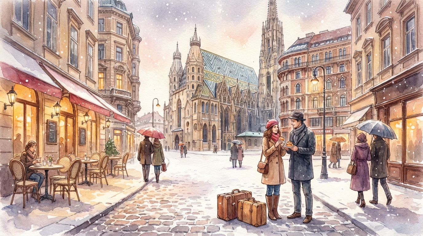 오스트리아 빈의 고풍스러운 건물과 겨울 거리에 여행 가방이 놓여 있는 수채화 풍 일러스트