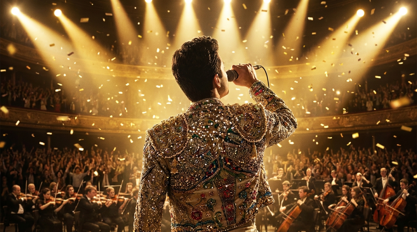 화려한 황금빛 조명을 받으며 무대 위에서 마이크를 잡고 열창하는 트로트 가수의 뒷모습