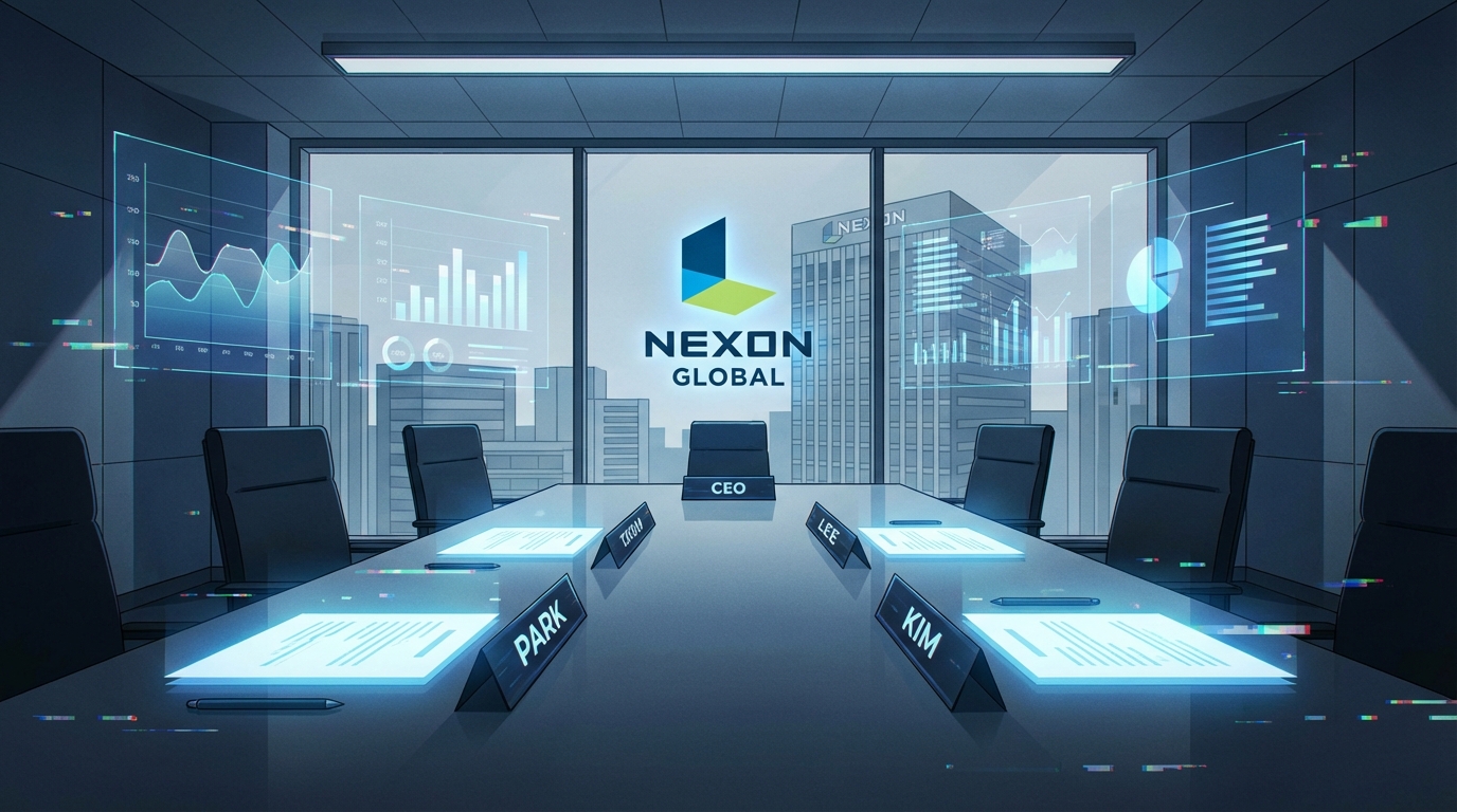 넥슨 본사 배경과 교체되는 명패, 데이터 차트가 어우러진 비즈니스 미팅룸 일러스트