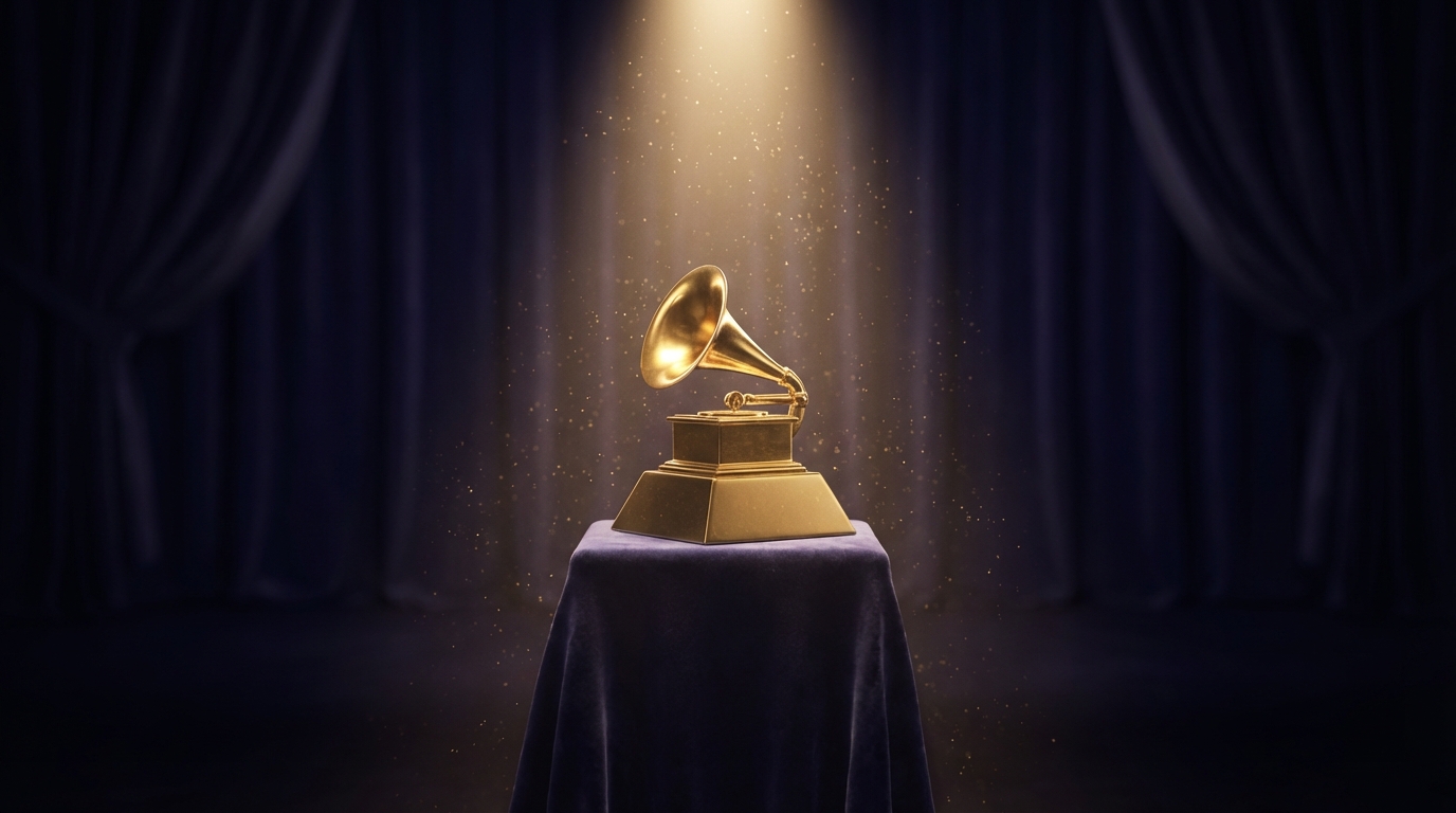 어두운 무대 중앙에서 스포트라이트를 받으며 빛나는 황금색 축음기 모양의 그래미 트로피와 흩날리는 금가루
