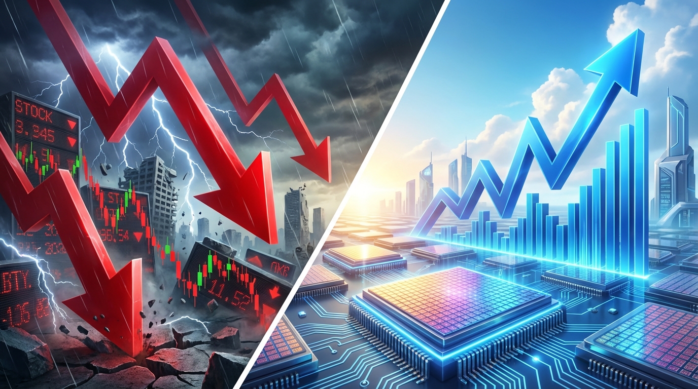 왼쪽의 붉은색 하락 화살표와 어두운 폭풍우 배경, 오른쪽의 빛나는 반도체 웨이퍼와 푸른색 상승 그래프가 대조를 이루는 분할 화면