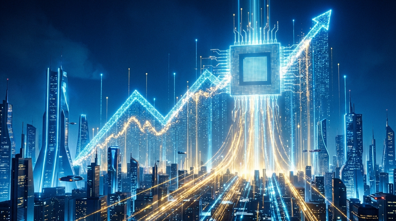 푸른색 도시 스카이라인을 배경으로 급격하게 상승하는 디지털 주가 그래프와 반도체 칩이 어우러진 이미지