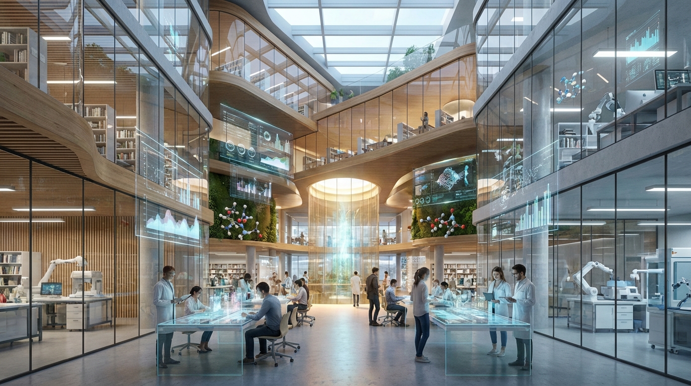 미래 지향적인 도서관과 첨단 연구실이 융합된 공간에서 홀로그램 데이터 차트가 떠 있는 모습