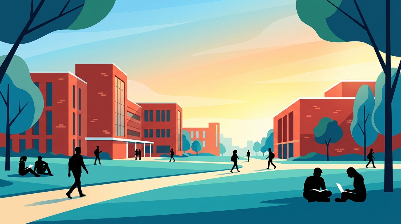 푸른 잔디와 붉은 벽돌 건물이 어우러진 백석대학교의 현대적인 캠퍼스 전경과 활기찬 학생들