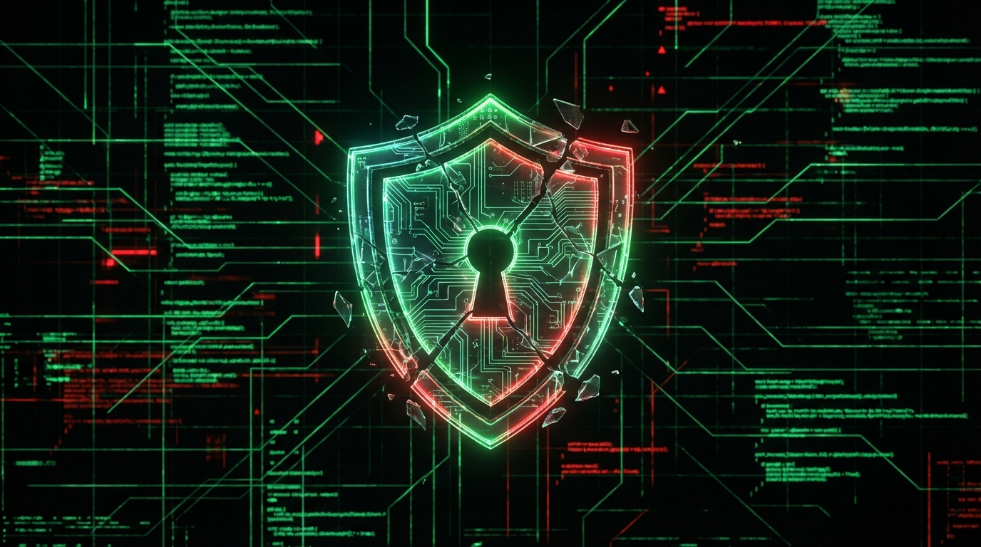 어두운 배경의 추상적인 코드 에디터 인터페이스와 중앙에 깨진 디지털 보안 방패 아이콘이 붉은색 조명으로 강조된 3D 렌더링 이미지