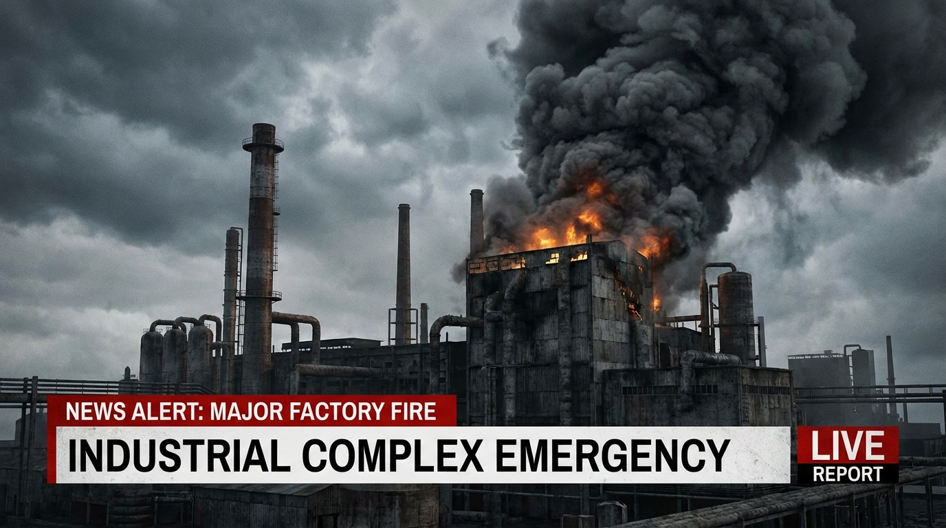 흐린 하늘 아래 공장 건물 한쪽에서 연기가 솟아오르는 산업 단지의 전경