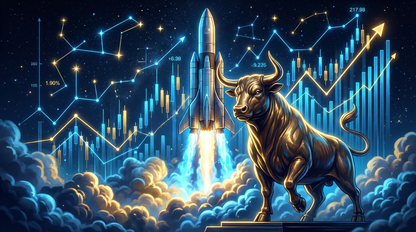 밤하늘의 별자리처럼 그려진 상승하는 주가 그래프를 배경으로 우주로 솟구치는 로켓과 그 옆에 굳건히 서 있는 황소 동상