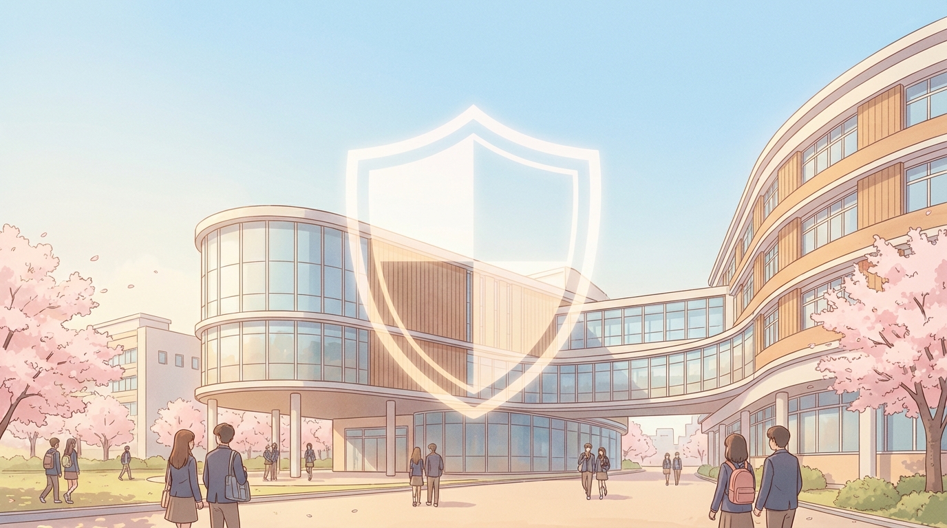 맑은 파란 하늘 아래 현대적인 한국 학교 건물 전경과 이를 보호하는 듯한 은은한 방패 모양의 그래픽