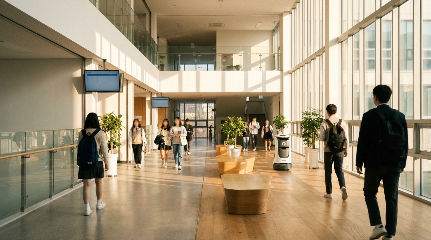 따뜻한 봄 햇살이 비치는 현대적이고 깨끗한 한국 학교의 복도 풍경