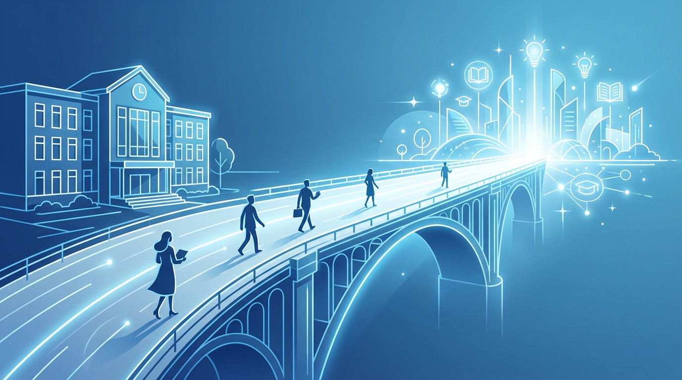 현재의 학교와 미래의 교육 현장을 잇는 추상적인 다리 위를 걷는 교사들의 실루엣을 표현한 블루 톤의 라인 아트 이미지