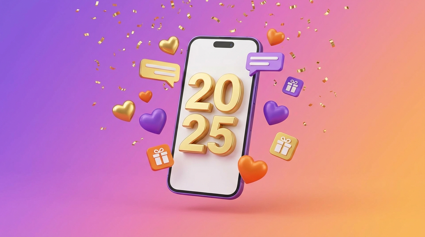 보라색과 주황색 그라데이션 배경 중앙에 위치한 3D 스마트폰과 2025 입체 숫자, 주변에 떠다니는 하트와 선물 상자 아이콘