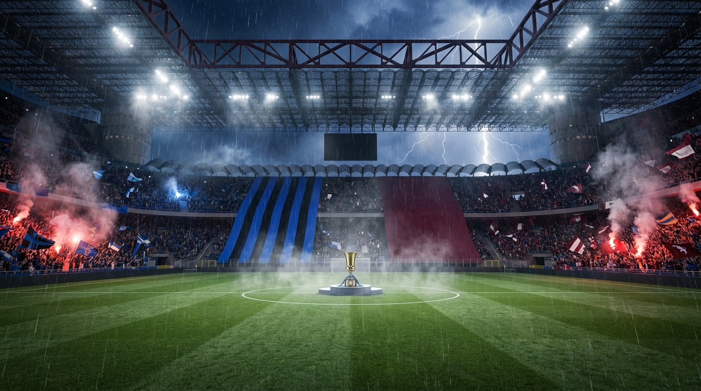 비 내리는 밤 경기장에서 펼쳐지는 인테르와 토리노의 치열한 축구 경기 장면 일러스트