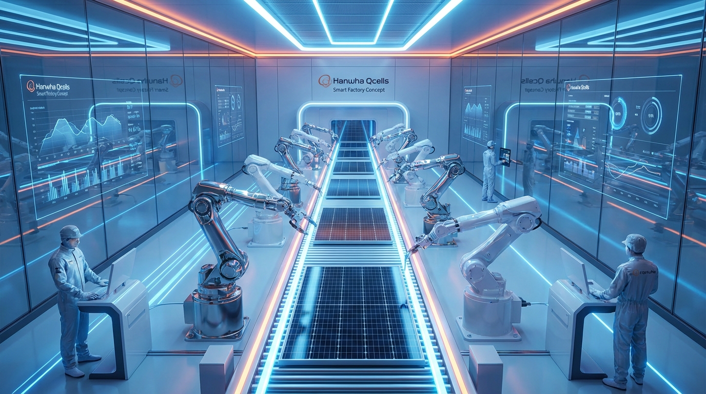 한화솔루션 큐셀 부문의 최첨단 스마트 팩토리 내부에서 자동화 로봇 팔이 태양광 모듈을 정밀하게 조립하는 모습