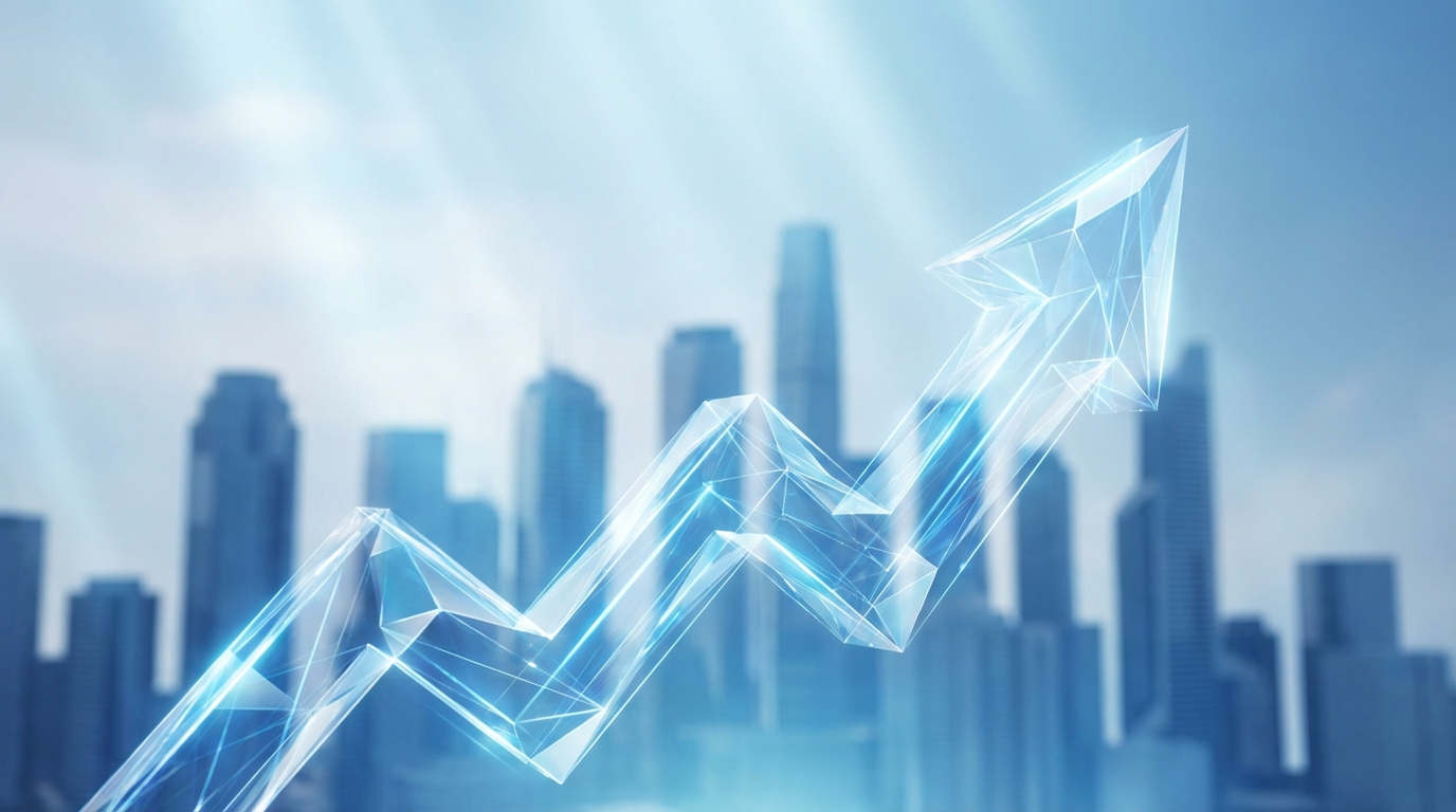 상승하는 파란색 금융 그래프와 고층 빌딩 실루엣이 어우러진 밝은 분위기의 3D 추상화