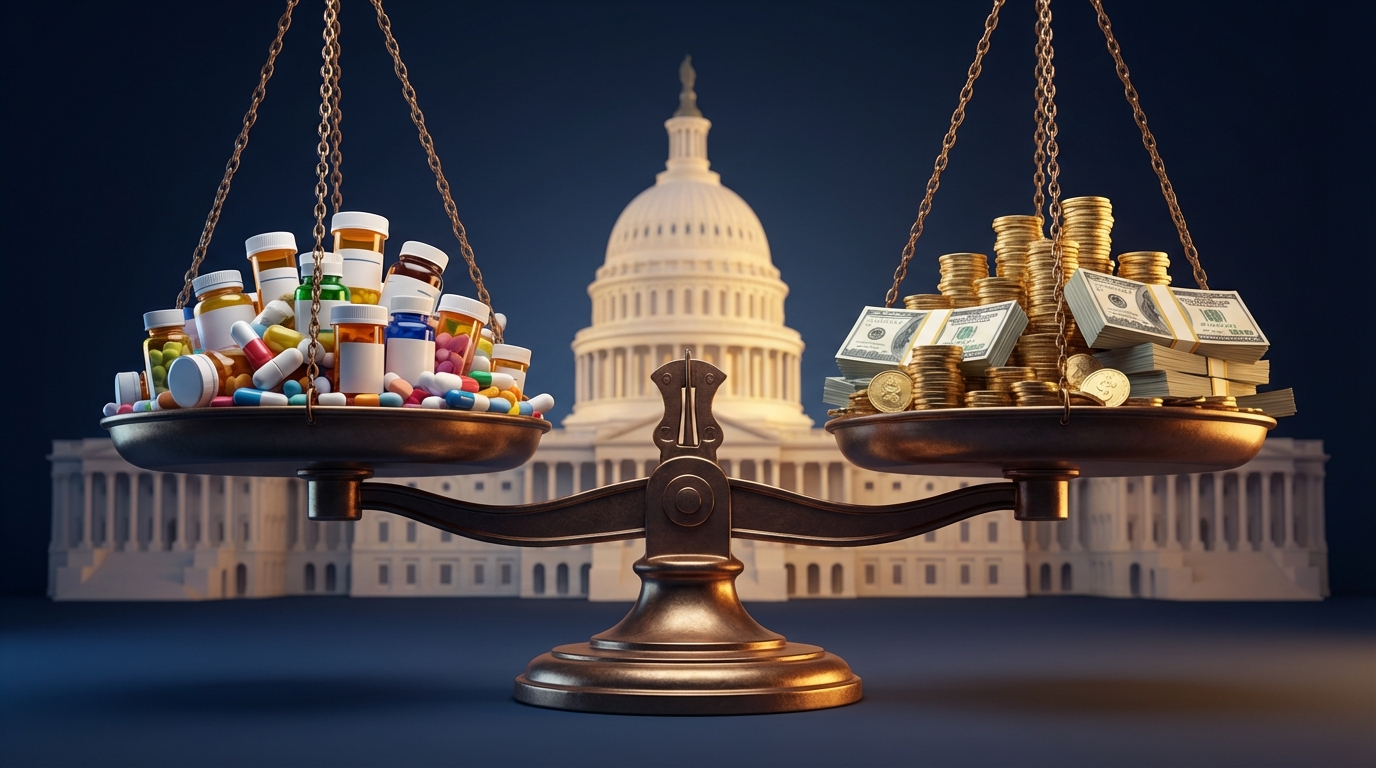 미국 국회의사당 실루엣을 배경으로 거대한 저울의 한쪽에는 알약 병들이, 다른 한쪽에는 달러 지폐가 놓여 균형을 맞추고 있는 3D 렌더링 이미지