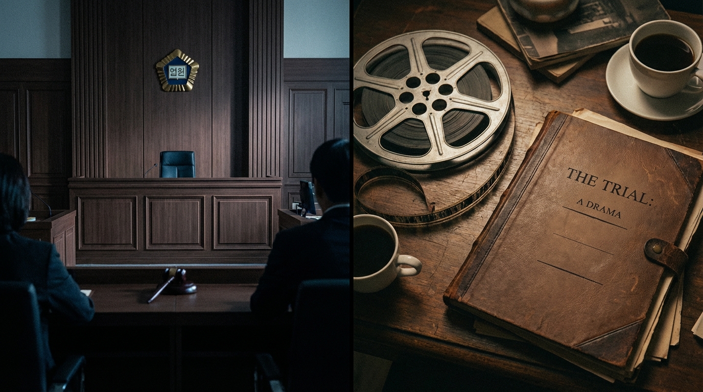 법정의 심각한 분위기와 영화 필름이 대비되는 이미지, 이범수의 법적 공방과 배우 인생의 갈등 상징