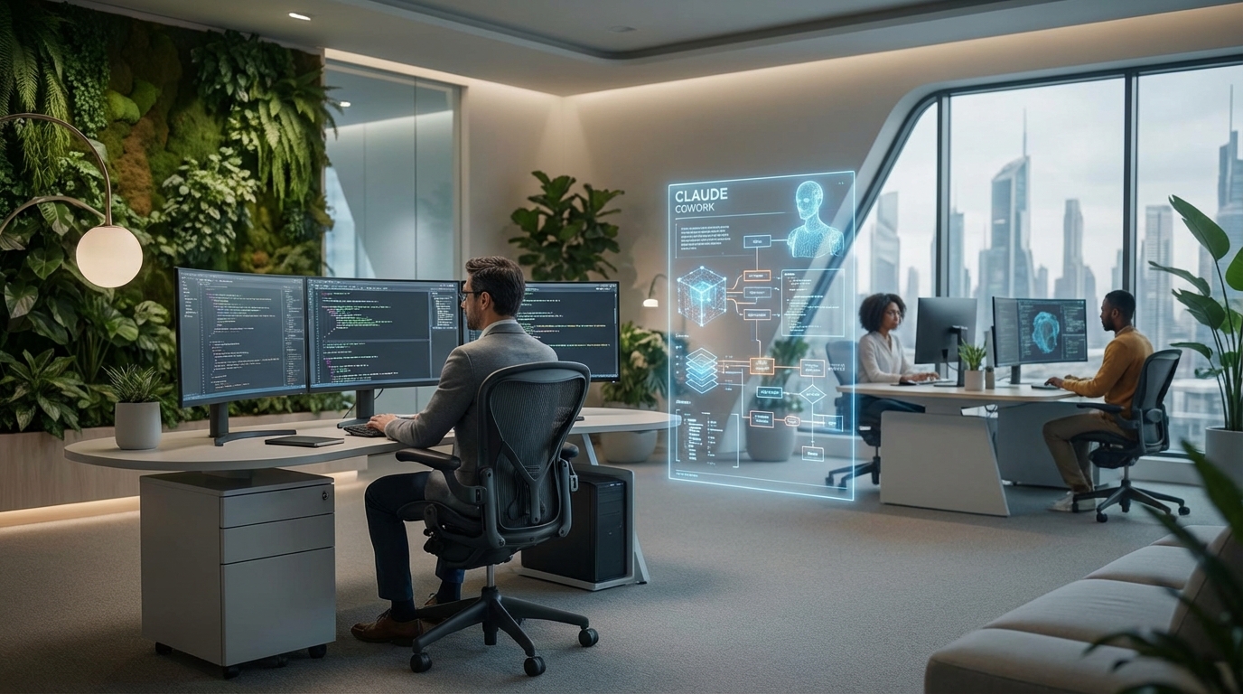 미래적인 사무실 환경에서 개발자가 여러 모니터를 통해 복잡한 코드를 띄워두고 홀로그램 형태의 AI 인터페이스와 협업하는 모습