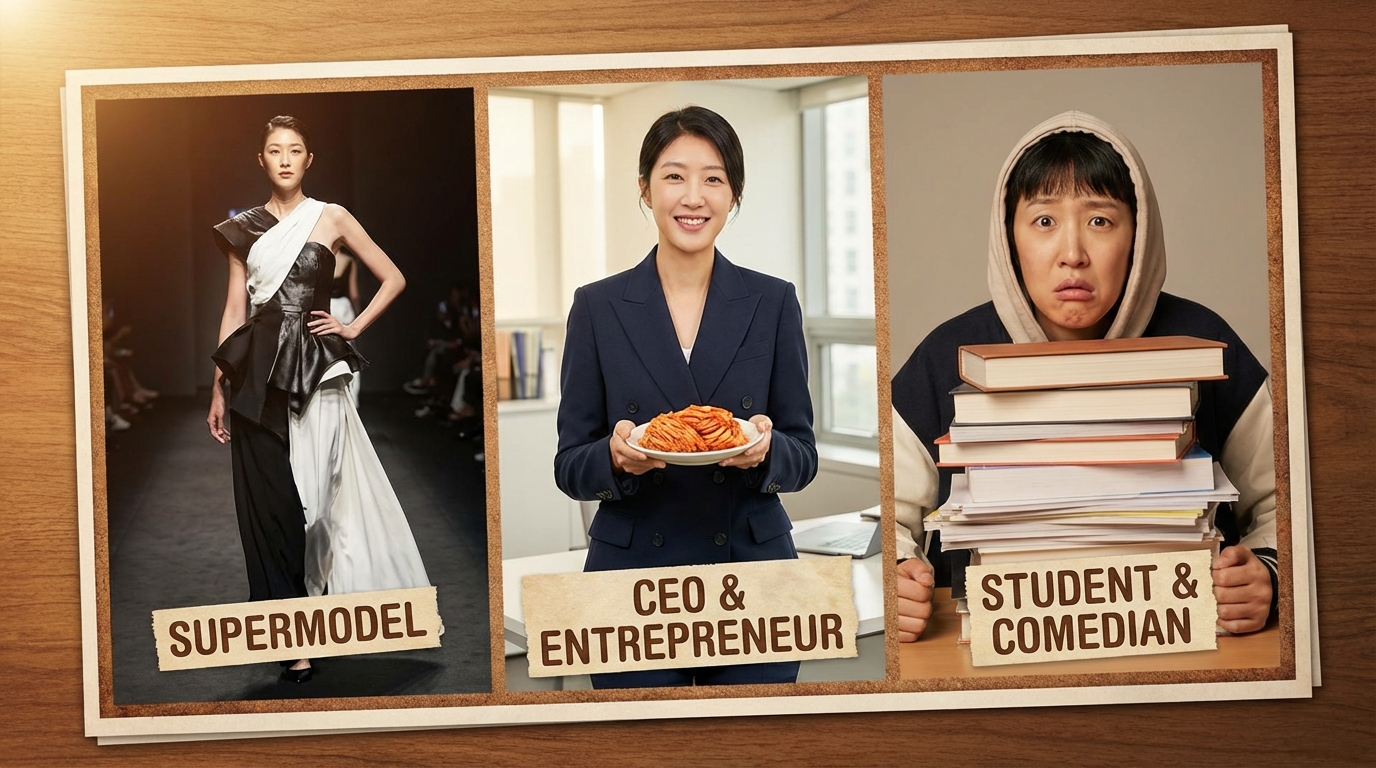 슈퍼모델, CEO, 학생 등 홍진경의 다양한 페르소나를 보여주는 콜라주 이미지