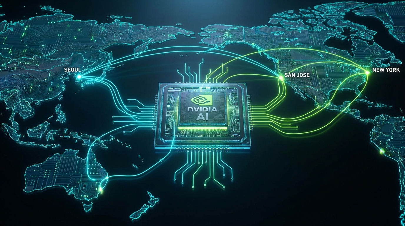 미래지향적 디자인의 엔비디아 칩이 중심에 있고 한국과 미국을 연결하는 데이터 라인이 그려진 글로벌 네트워크 지도 일러스트