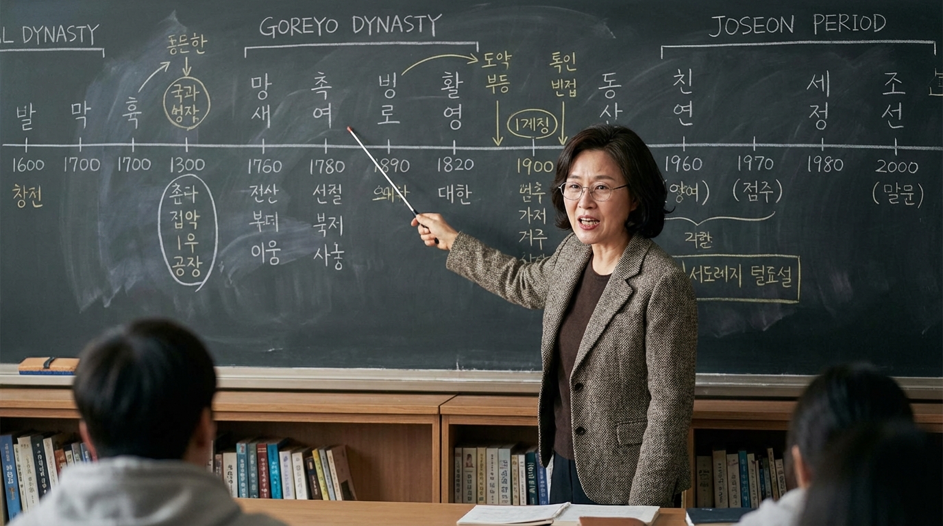 칠판 앞에서 열정적으로 한국사 강의를 진행하고 있는 큰별쌤 최태성 강사의 모습