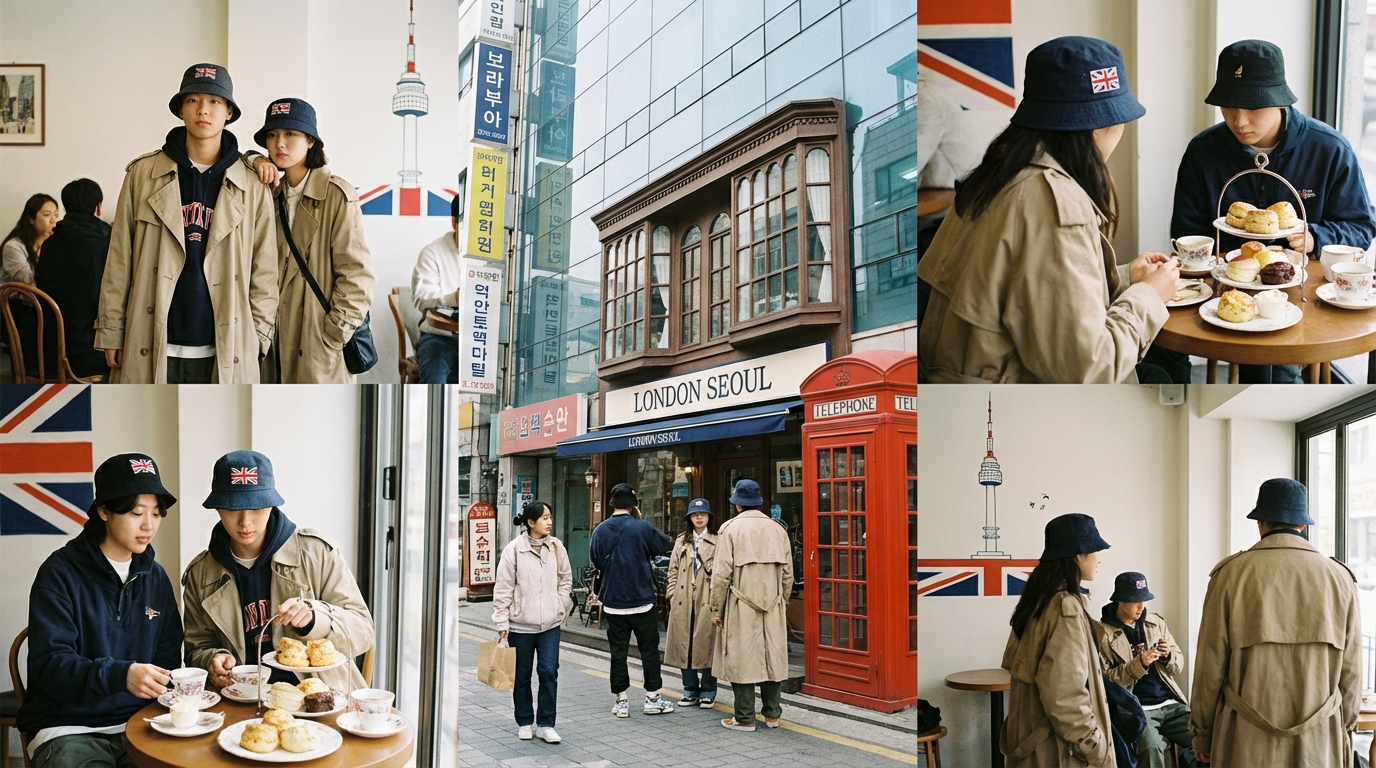서울의 현대적인 카페 거리에서 영국식 티타임과 트렌치코트 패션을 즐기는 사람들의 모습과 유니언 잭 장식이 어우러진 이미지