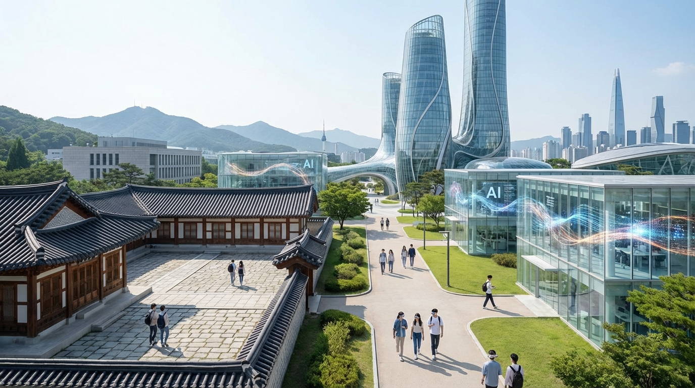 푸른 하늘 아래 현대적인 건물과 전통 건축이 조화를 이룬 전남대학교 캠퍼스 전경