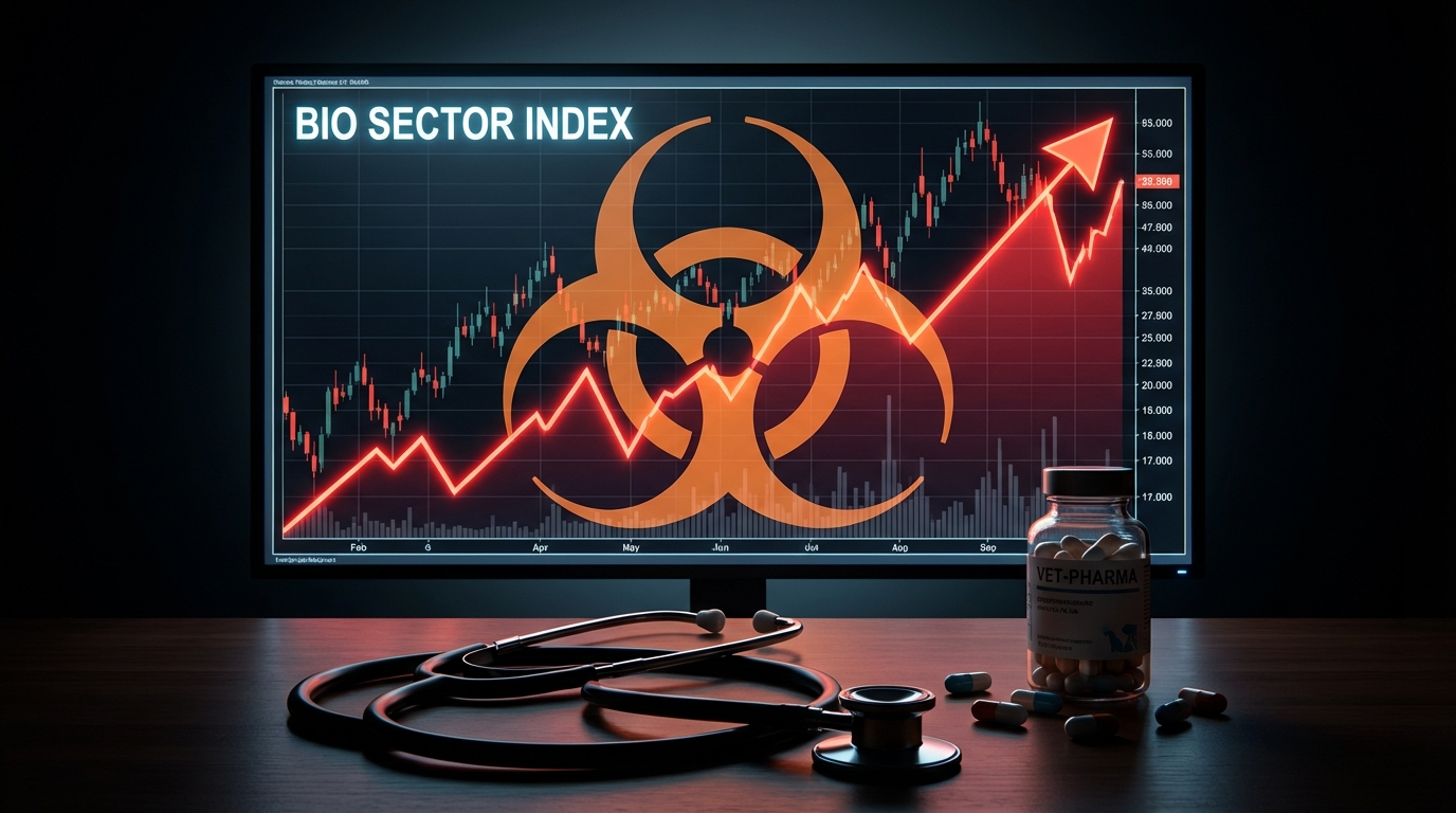 급등하는 붉은색 주식 차트와 바이오 해저드 심볼이 겹쳐져 금융 리스크와 의약품 테마를 상징하는 이미지