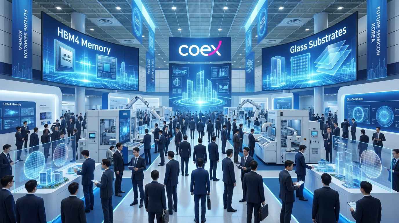 수많은 관람객으로 붐비는 세미콘 코리아 2026 전시회장 전경과 첨단 반도체 장비 부스 모습