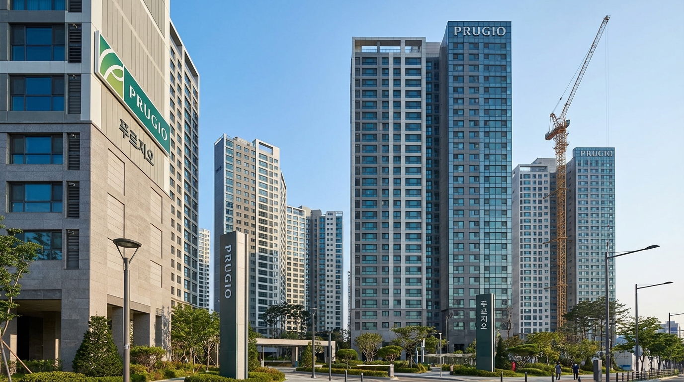 맑은 하늘 아래 웅장하게 서 있는 대우건설 푸르지오 고층 아파트 단지와 건설 현장 전경