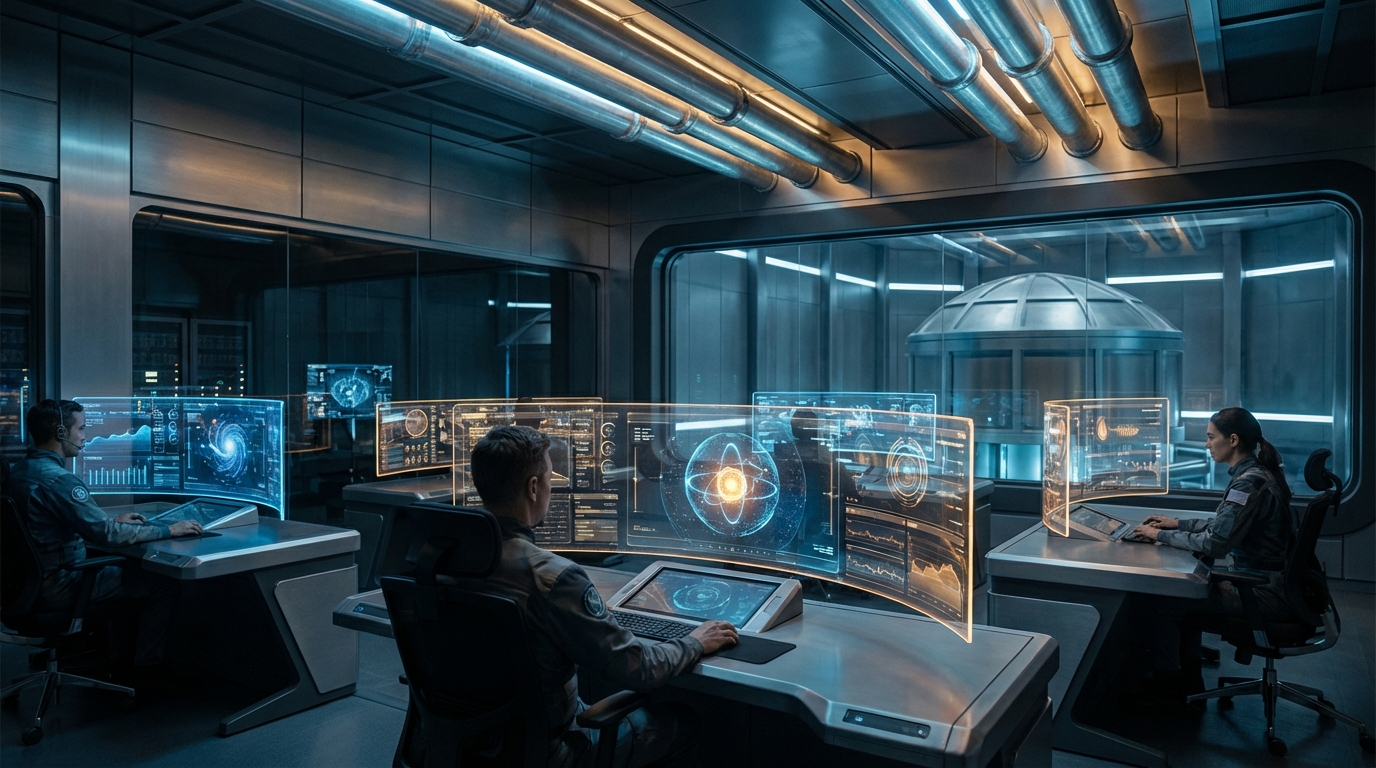 데이터 차트와 에너지 흐름이 표시된 화면이 있는 미래지향적인 소형모듈원전(SMR) 제어실 내부 모습