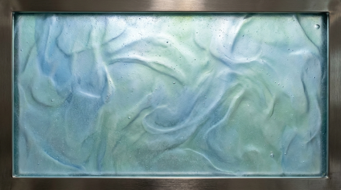 은은한 푸른빛과 녹색 빛이 감도는 반투명한 LG전자 마린 글래스 소재의 질감 클로즈업 이미지