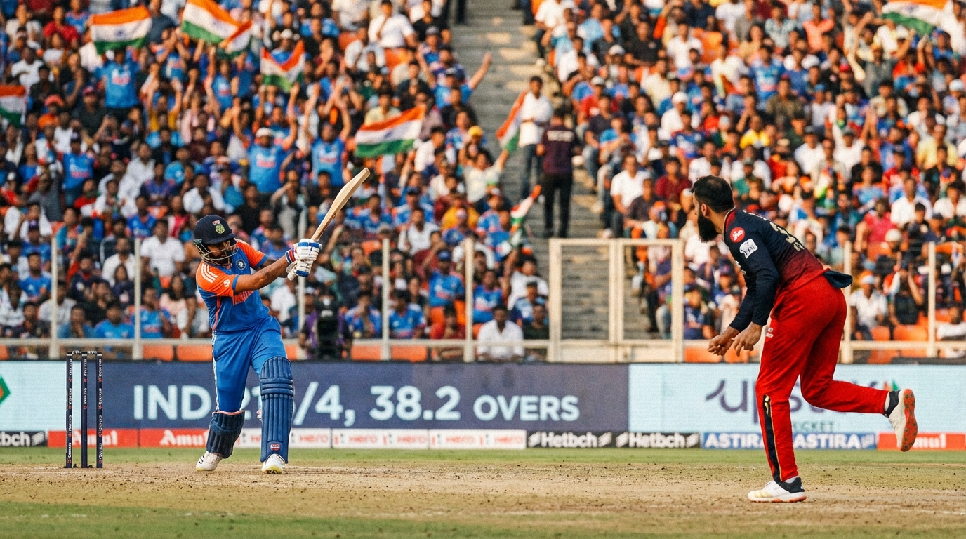 아흐메다바드 경기장에서 펼쳐지는 크리켓 경기 장면과 긴장감 넘치는 선수들의 모습