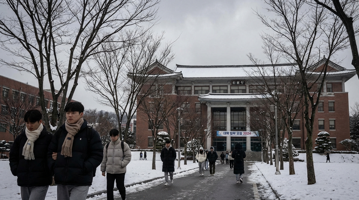 겨울철 조선대학교 캠퍼스 전경으로, 도서관 건물 앞을 지나가는 학생들의 모습과 입시 시즌의 진중함을 나타내는 다소 흐린 하늘