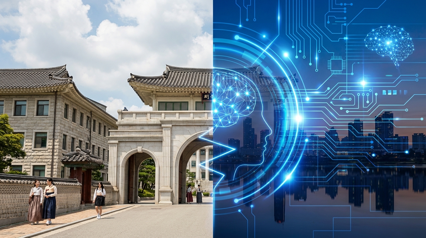숙명여대 교표와 캠퍼스 건물을 배경으로 추상적인 디지털 회로와 AI 데이터 흐름이 겹쳐진 모습