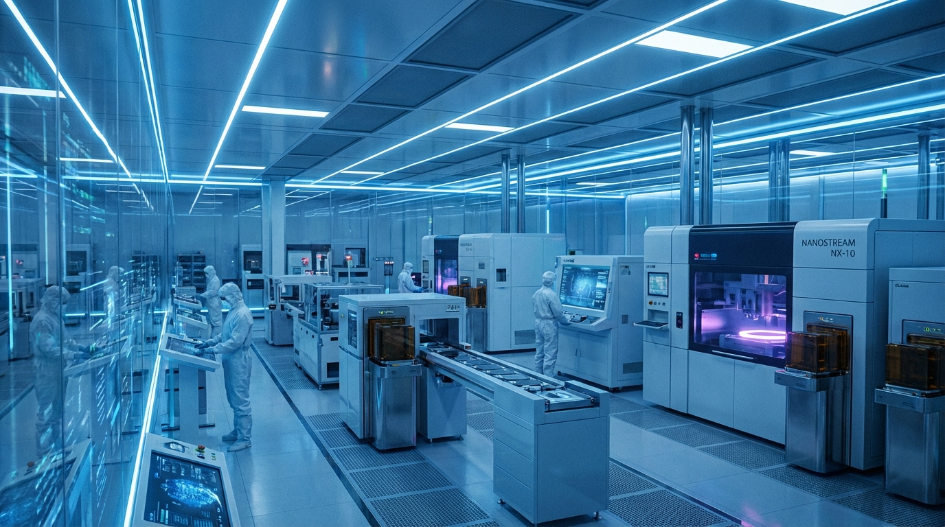 푸른 조명의 클린룸 내부에서 정밀한 반도체 제조 장비가 가동되고 있는 미래지향적인 실험실 모습
