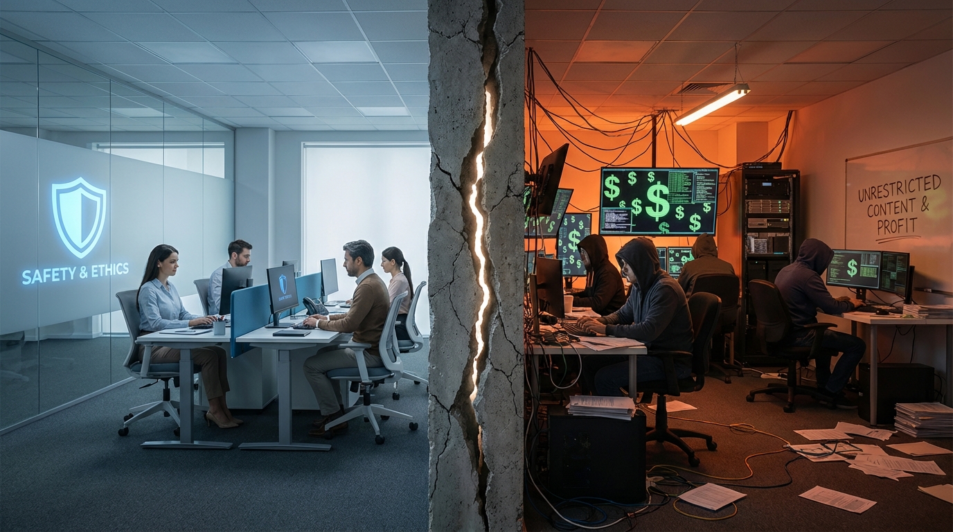 AI의 안전과 윤리를 상징하는 방패와 수익을 상징하는 혼돈이 갈라진 벽을 사이에 두고 대립하는 개념적 일러스트